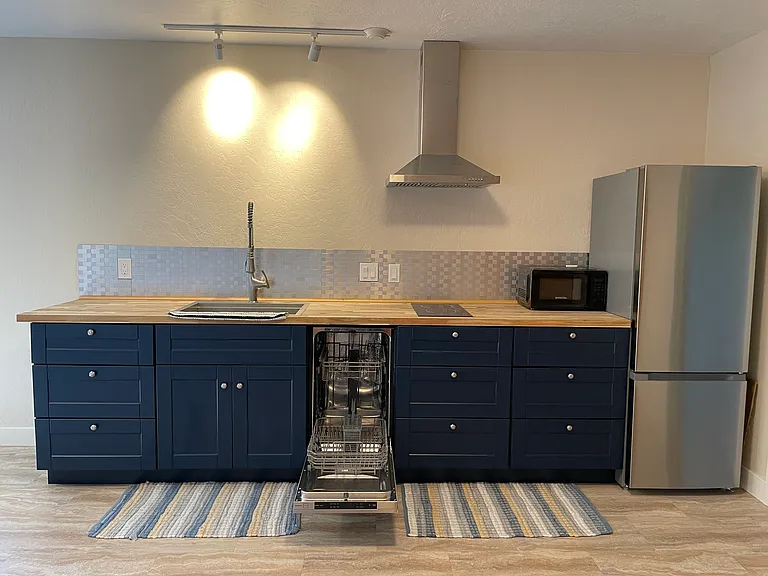 Brand new backsplash... upgrade! 
Dishwasher, induction stove, top refrigerator, bottom freezer, microwave. Loads of storage space. (Side board available for more pantry storage.)
