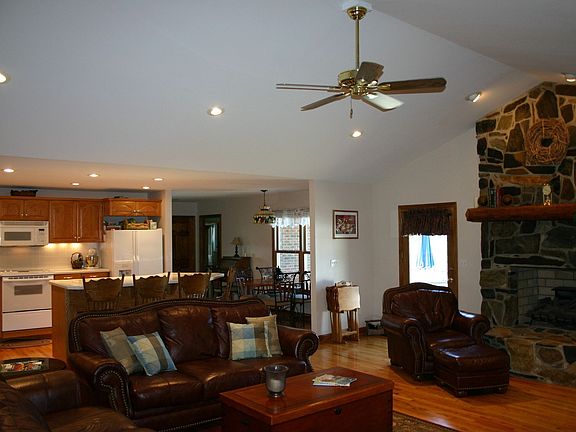 Great room with rock fire place