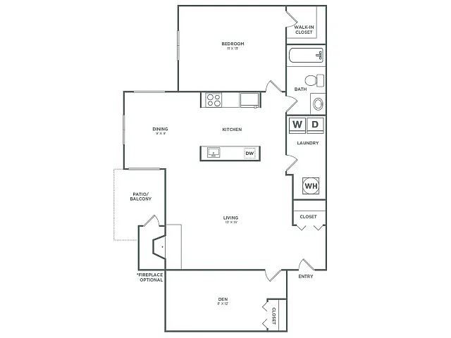 Floor plan Birch with Den (836 SF)