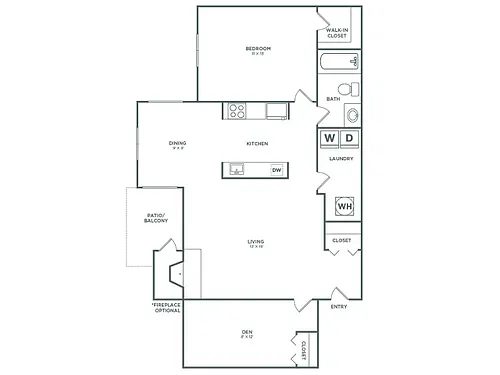Floor plan Birch with Den (836 SF)