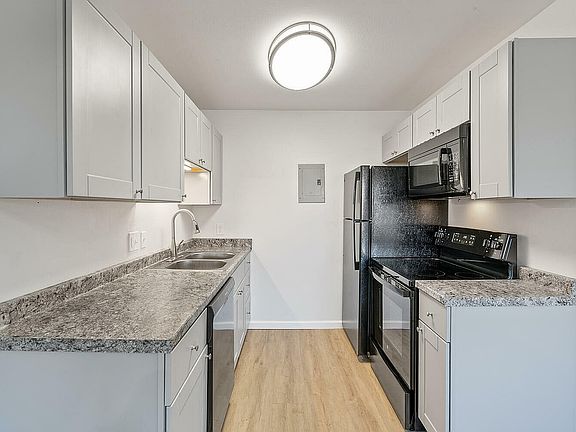 Modern kitchen with sleek black appliances, elegant gray cabinetry, and stylish granite countertops, exuding contemporary charm.