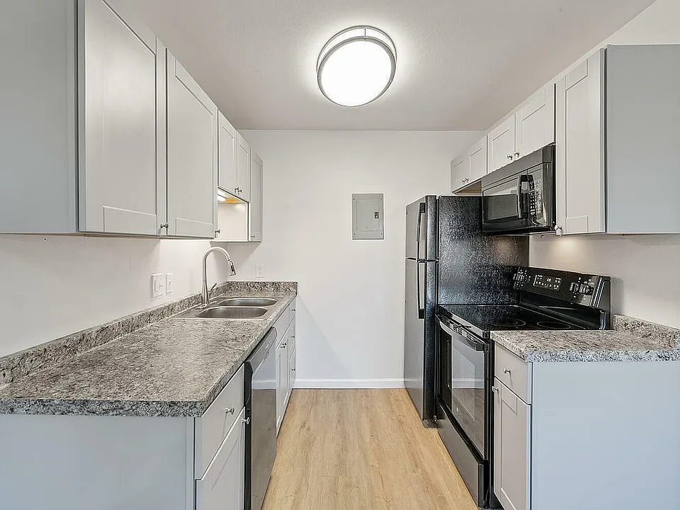 Modern kitchen with sleek black appliances, elegant gray cabinetry, and stylish granite countertops, exuding contemporary charm.