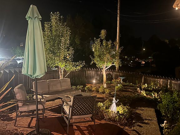 Front yard has pear, plum, and apple trees and a succulent garden