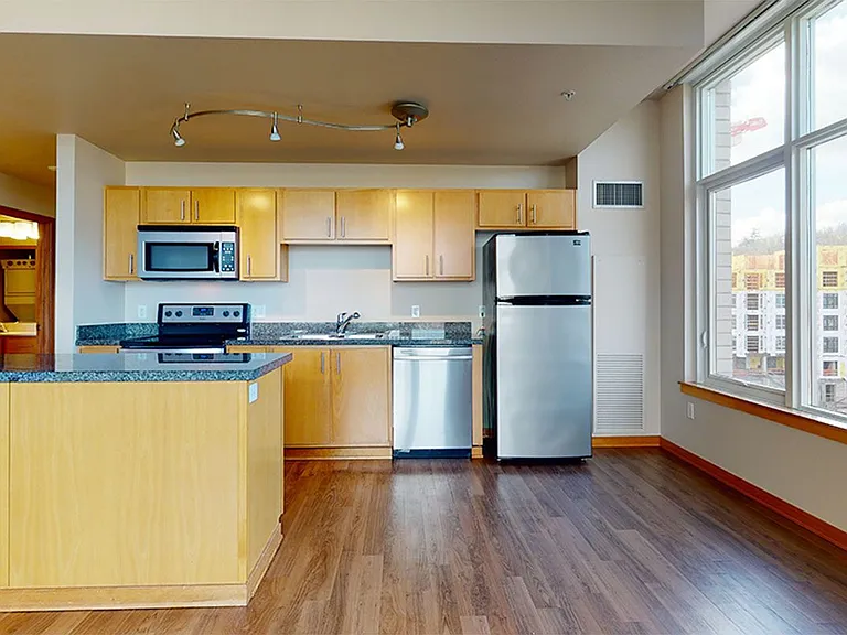 Apartment Kitchen with Stainless Steel Appliances, Granite-style countertops and Wood-Style Flooring.