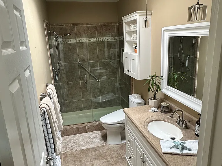 Large skylight in bathroom with plenty of storage, large shower with bidet toilet