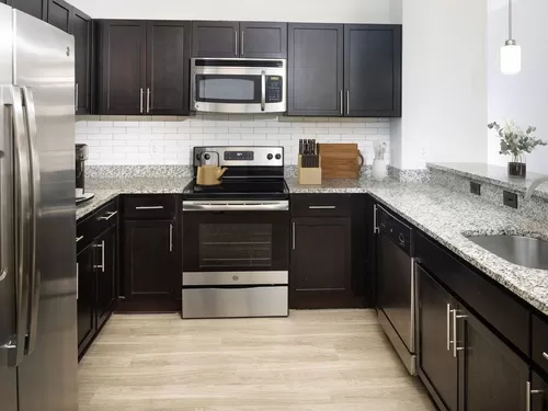 Renovated Package II Kitchen with dark cabinetry, speckled granite countertops, white tile backsplash, stainless steel appliances, pendant lighting, and hard surface flooring - AVA South End
