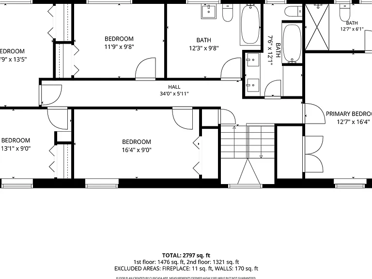 Detailed floor plan shows multiple bedrooms, a primary suite, and two baths connected by a long central hallway.