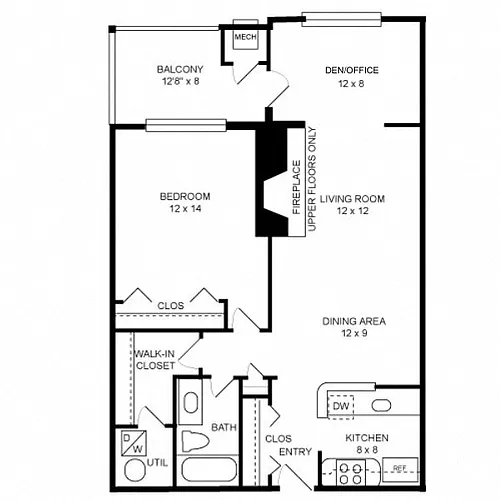 Floor plan 1 Bed + Sunroom, 1 Bath 874 SF, 11b