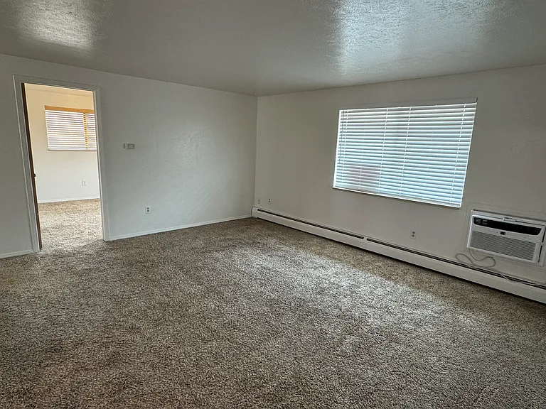 Living Room with new paint, new blind, newer A/C & newer carpet.