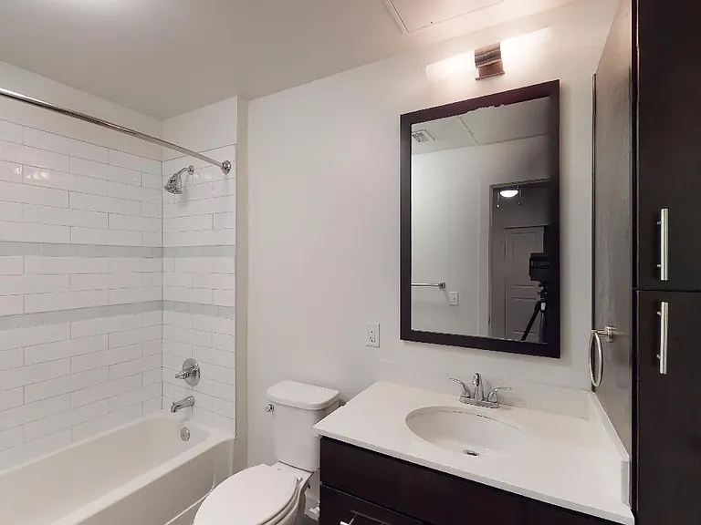 Apartment bathroom with wood-style flooring.