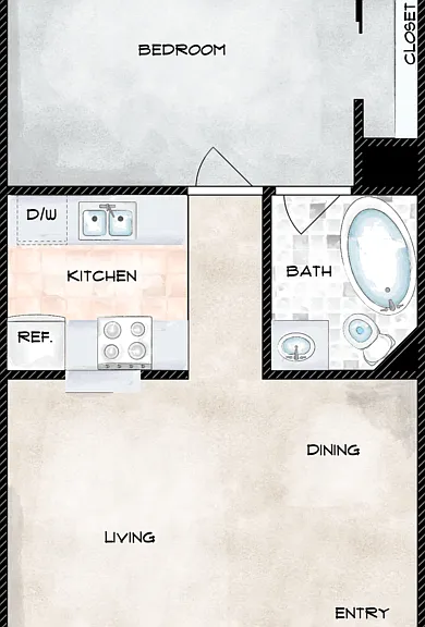 1 Bed 1 Bath Floorplan Diagram