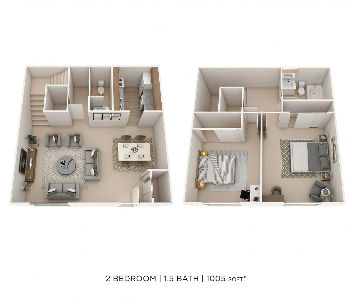 Floor plan Two Bedroom 1.5 Bath Townhome 1,005 sqft