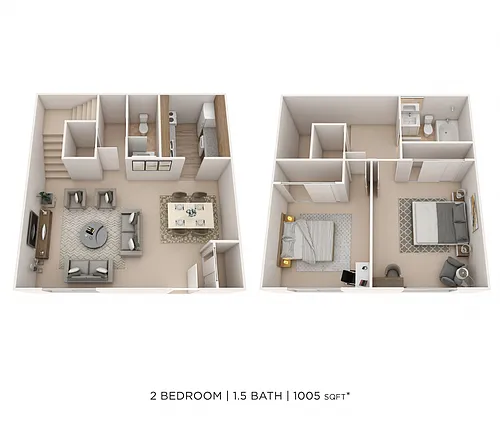 Floor plan Two Bedroom 1.5 Bath Townhome 1,005 sqft
