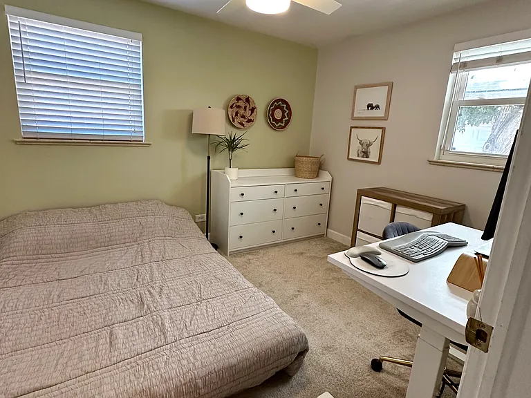Second bedroom fits queen bed, desk & dresser
