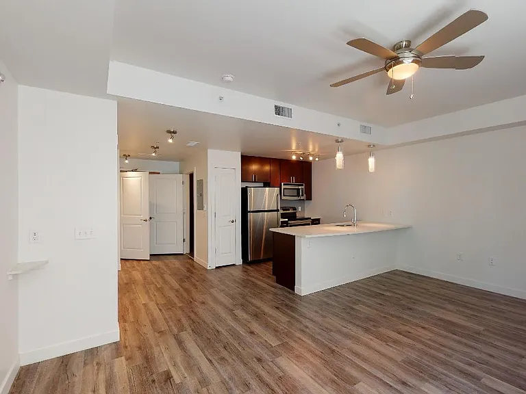 Apartment kitchen with stainless steel appliances, dining and living room with wood-style flooring.