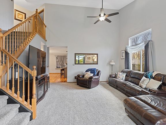 dramatic two story living room.