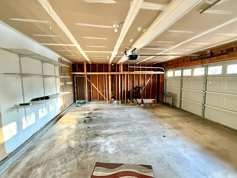 Garage with shelving for storage