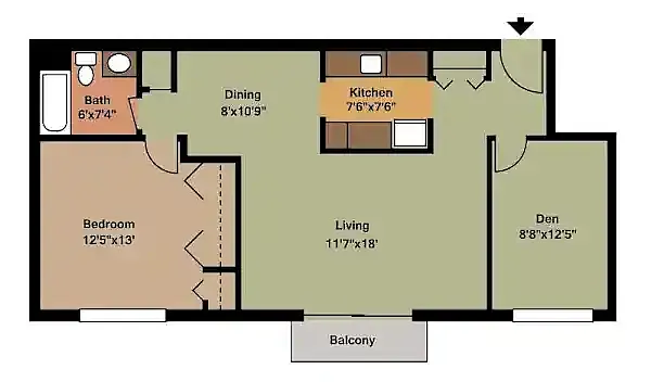 Floor plan 1 Bedroom 1 Bath w-Den w-Patio or w-Balcony