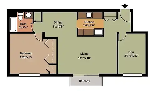 Floor plan 1 Bedroom 1 Bath w-Den w-Patio or w-Balcony
