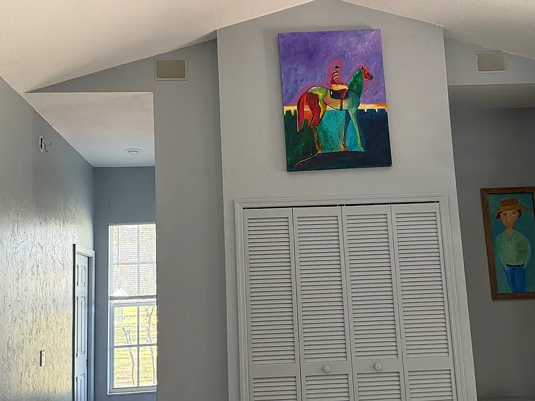 High ceilingin media room with surround sound and also in master bedroom. TV is put behind the louverd doors.