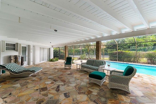 Covered porch with white beams