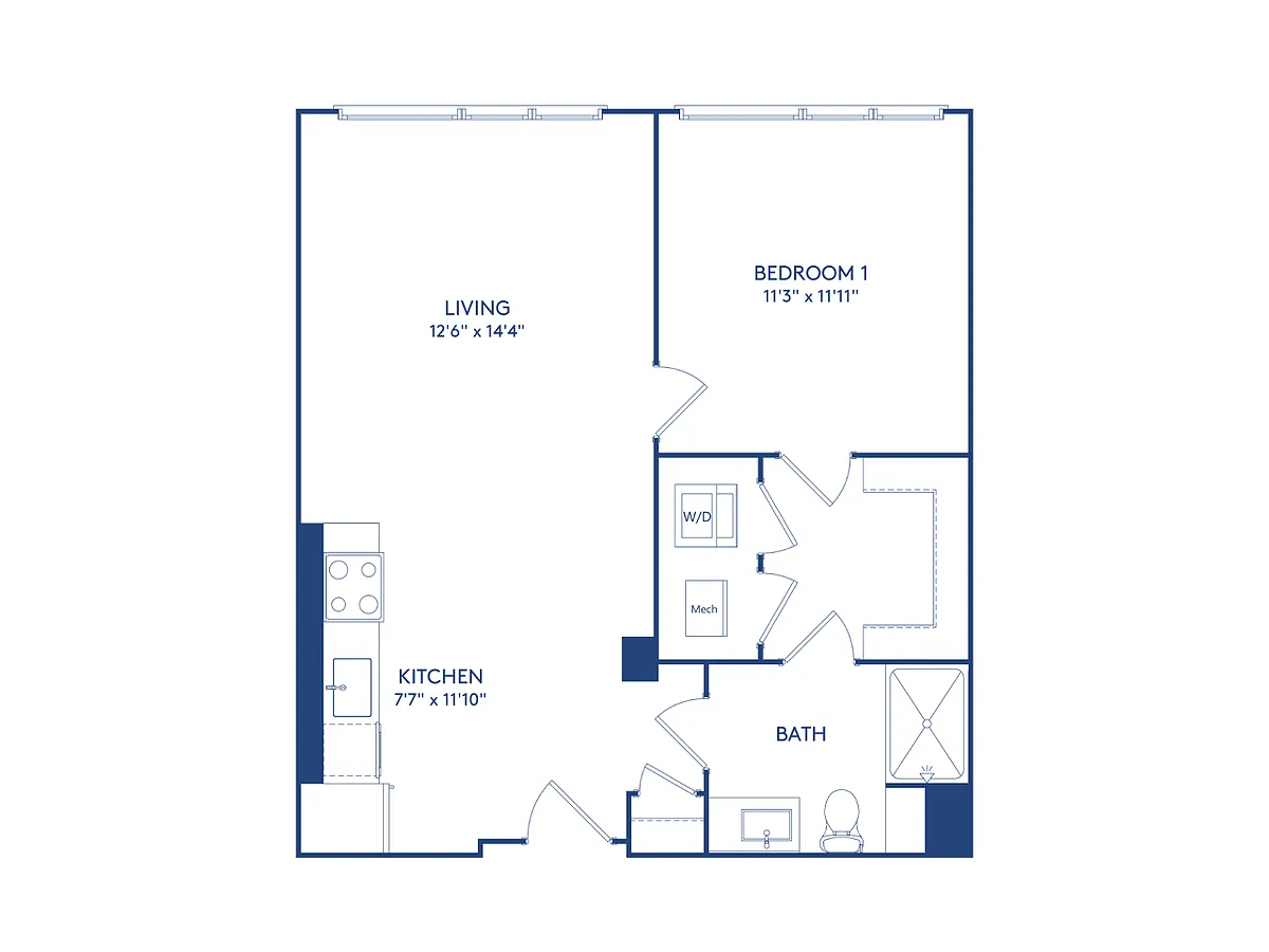 Floor plan 1 BR 1 BA (667-669 SF)