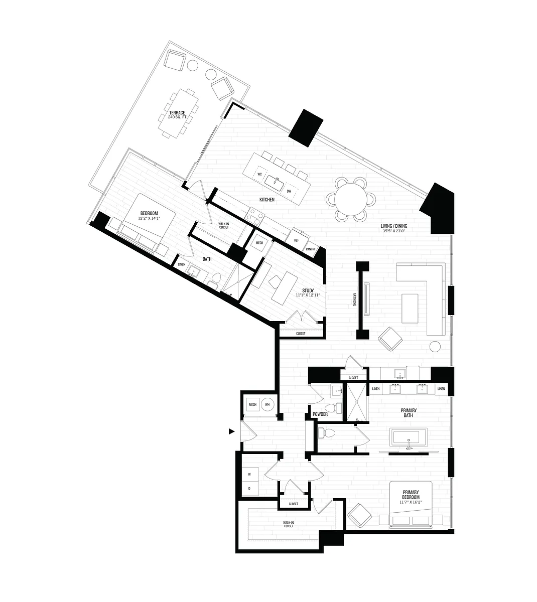 Floor plan 2 Bed/2.5 Bath Den-P2