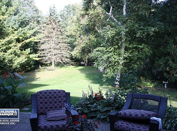 Park like back yard with mature oaks, birch, white and red pines
