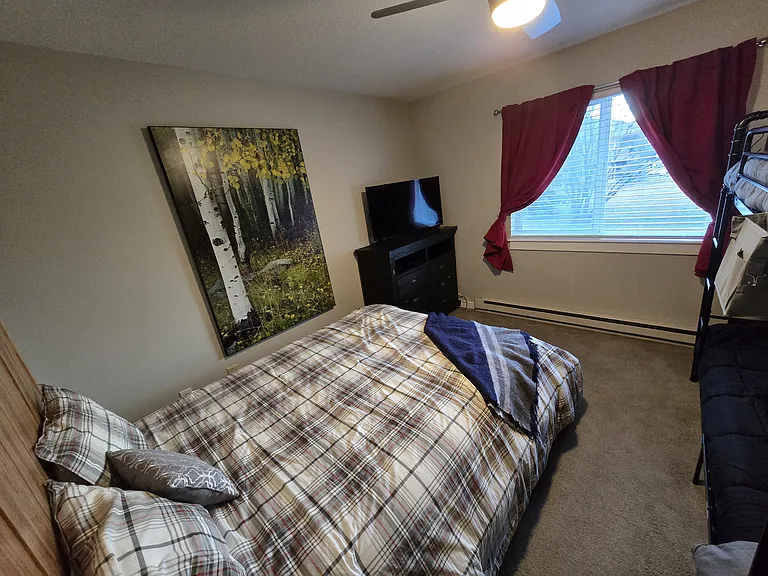 2nd bedroom with queen bed, bunk beds, and dresser. Big screen TV with Roku.