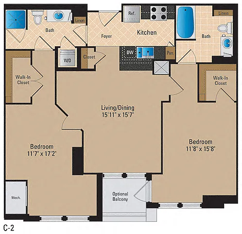 Floor plan 2 Bedroom, 2 Bath 1128 SF B16