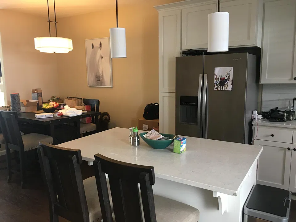 Center Island Quartz Top Lots of storage shelves below!