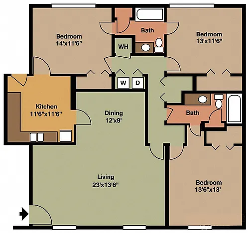 Floor plan Three Bedroom Two Bath Flat