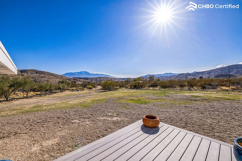Trek deck with view of Mt. San Jacinto and olive trees