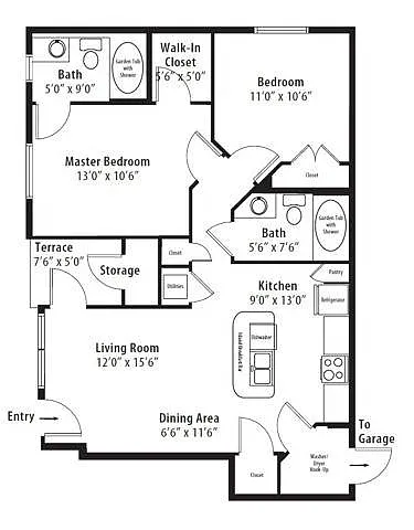 Floor plan 2 Bedroom Luxury Garden-Renovated