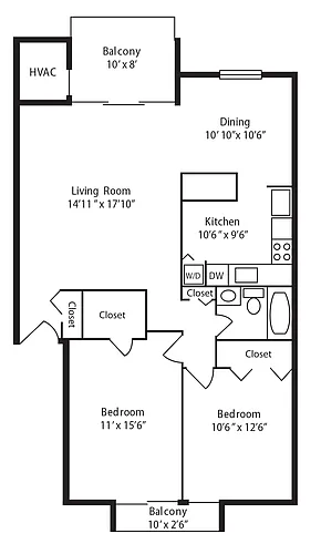 Floor plan H: 2 Bedroom 1 Bath Deluxe