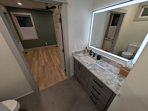 Bathroom vanity with heated floor.