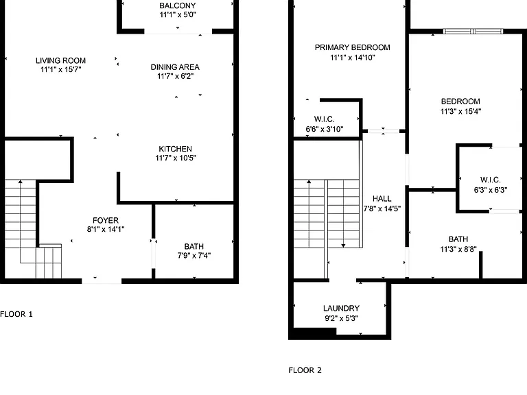 Modern two-story floor plan with a spacious living room, dining area, kitchen, and balcony on the first floor; two bedrooms, laundry room, and additional bath on the second floor. Modern two-story floor plan with a spacious living room, dining area, kitch
