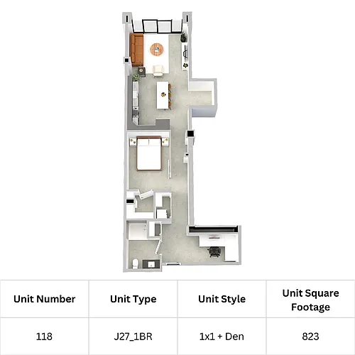 Floor plan J27 1 Bed, 1 Bath + Den