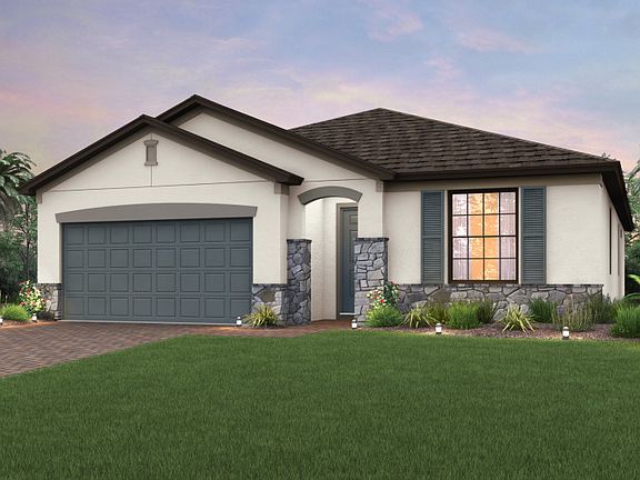 The Oasis, a single-story home with a 2 car garage, shown with Home Exterior FM2A.