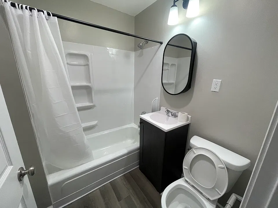 Bath with new vanity and toilet shower and floor