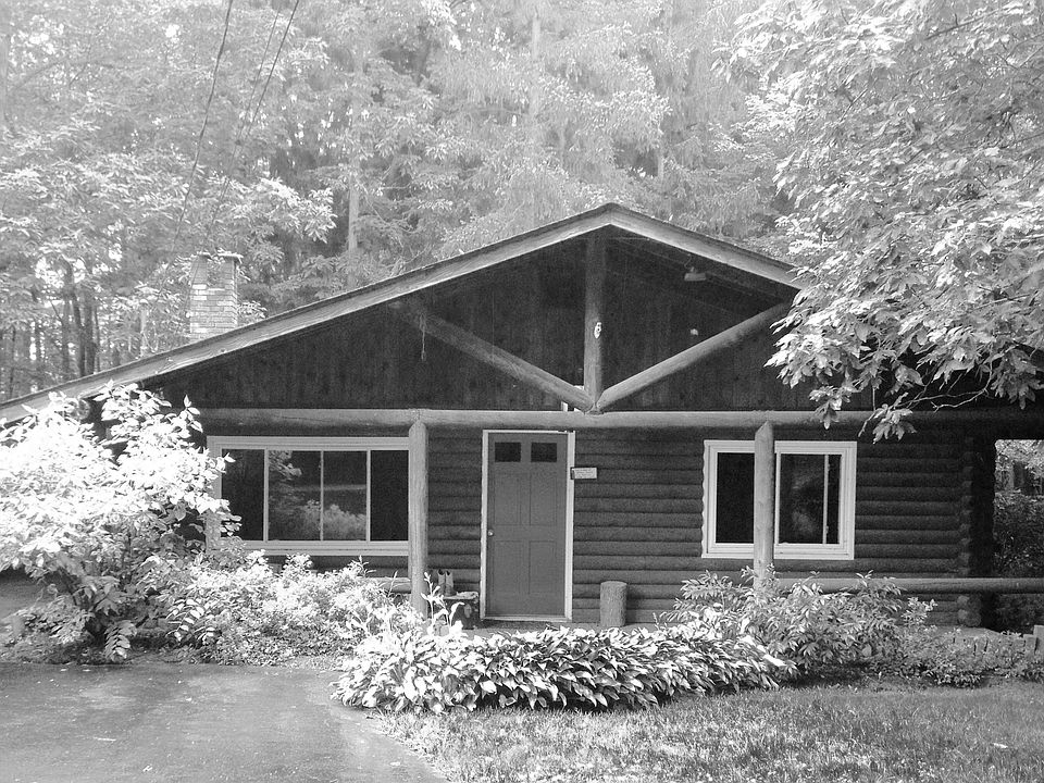 This is a small log in semi-private wooded setting with fis