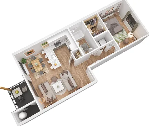 Explore this stylish one-bedroom apartment layout designed for modern urban living. Explore this stylish one-bedroom apartment layout designed for modern urban living.