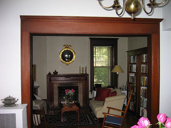 View into living room from large entryway