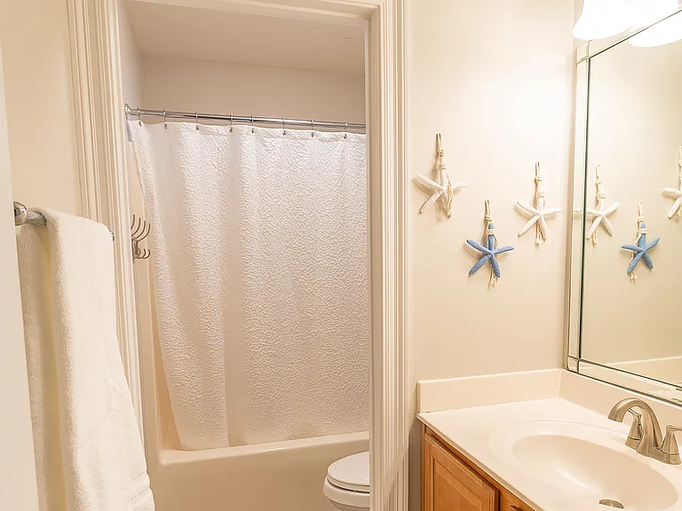 Guest bathroom with a shower/tub.