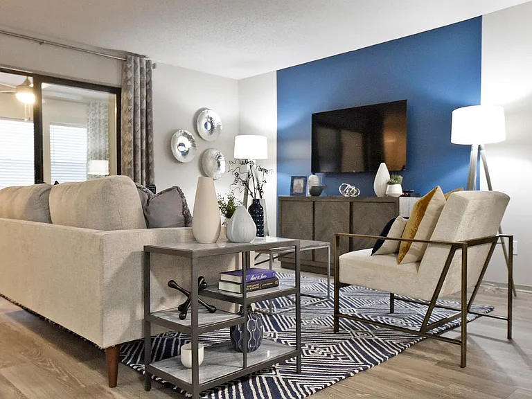 Spacious living room with hardwood-style flooring