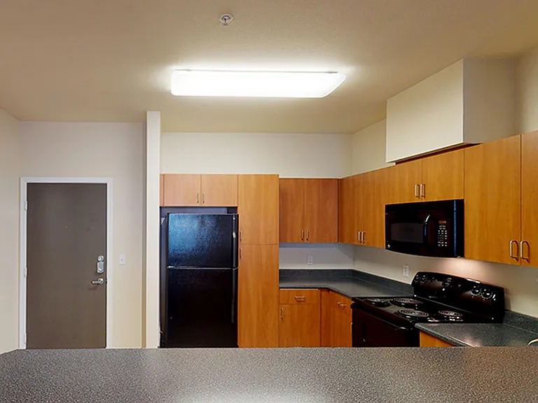 Apartment kitchen with granite countertops and wood-style flooring.