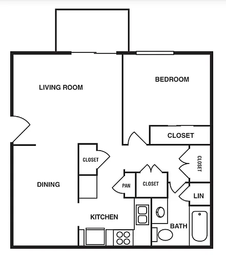 Floor plan 1 Bedroom/1 Bathroom 676