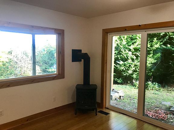 LP gas stove in living room by sliding door entrance.