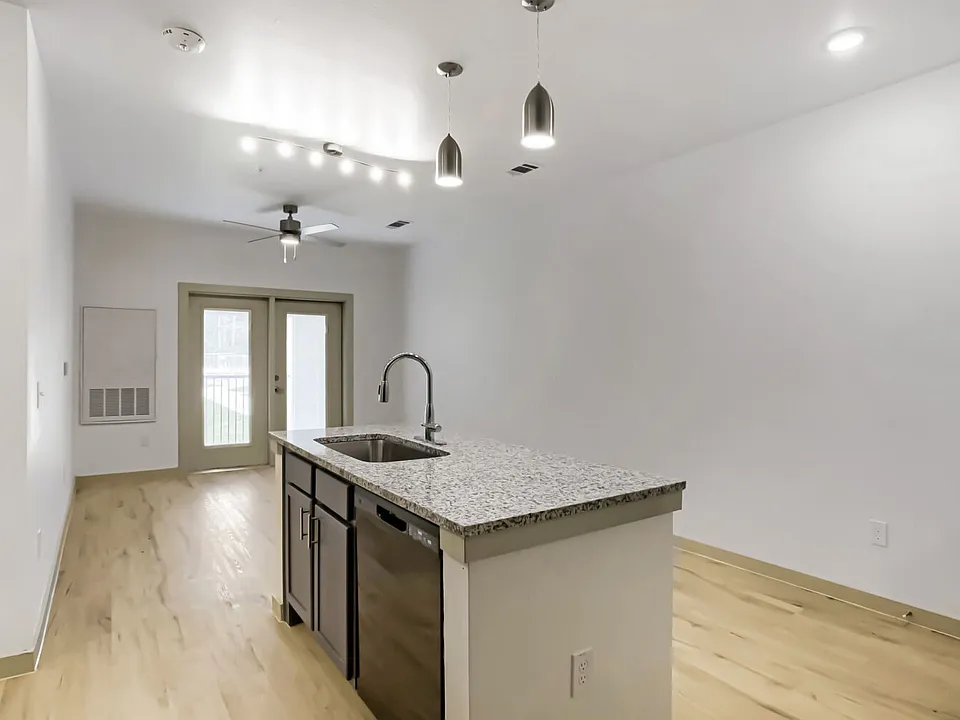 kitchen island and living room