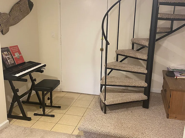 Stairwell on lower level with a second main door to the apartment.